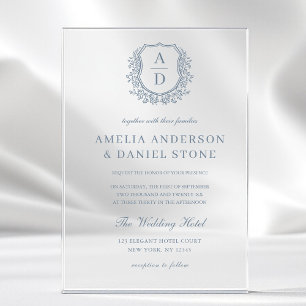 Invitations En Acrylique Cimetière Floral bleu Dusty Monogramme Mariage Élé