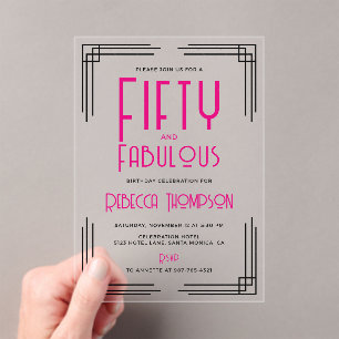Invitations En Acrylique Cinquante ans et Fabuleux Rose Chaud Art Déco 50e