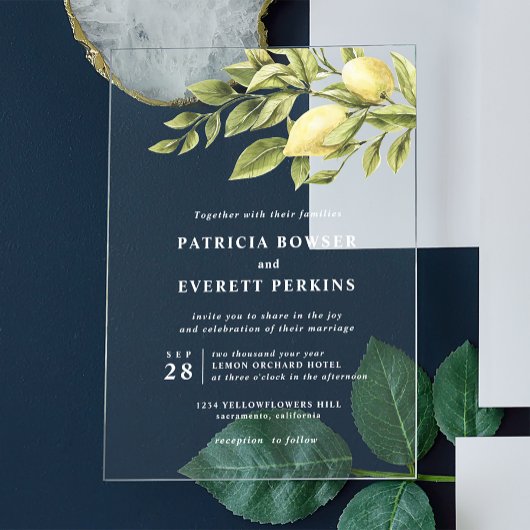 Invitations En Acrylique Citrons et mariage botanique feuille