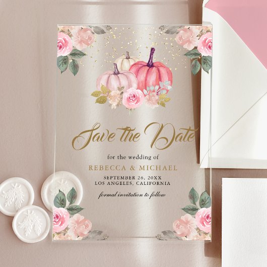 Invitations En Acrylique Citrouille d'or rose mariage floral Enregistrer la