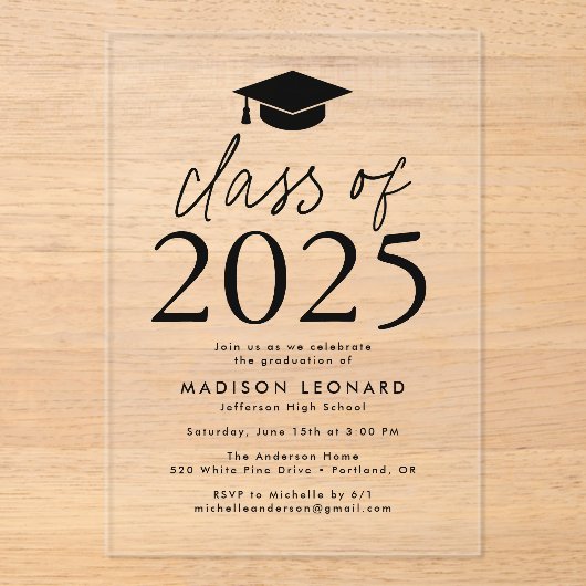 Invitations En Acrylique Classe moderne de 2025 Black Graduation Party (Recto)