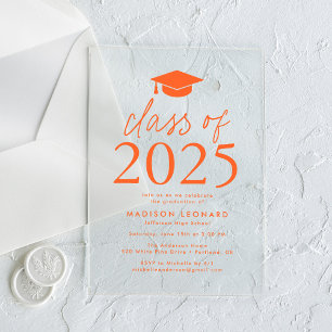 Invitations En Acrylique Classe moderne de 2025 Orange Graduation Party