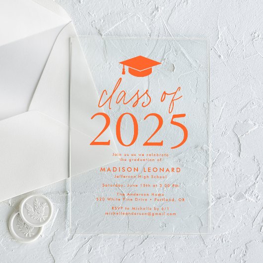 Invitations En Acrylique Classe moderne de 2025 Orange Graduation Party