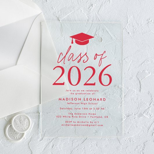 Invitations En Acrylique Classe moderne de 2025 Red Graduation Party