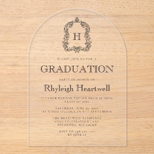 Invitations En Acrylique Classic Black Monogram Crest Arch Party (Recto)