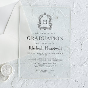Invitations En Acrylique Classic Black Monogram Crest Graduation Party