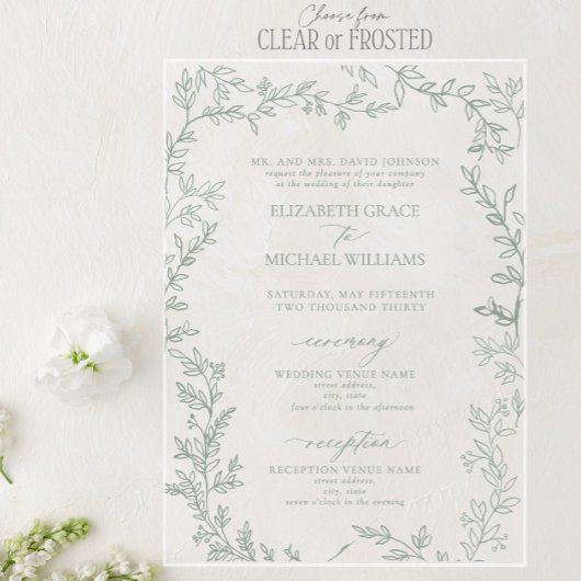 Invitations En Acrylique Classic Elegant Formal Sage Vert Mariage Feuilleté