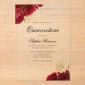 Invitations En Acrylique Classic Elegant Rouge Rose & Or Quinceanera (Recto)