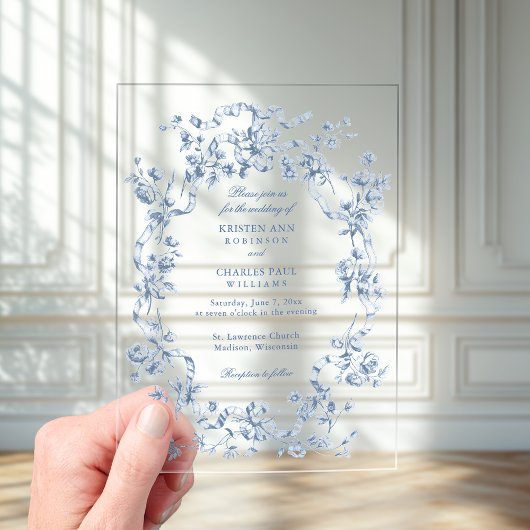 Invitations En Acrylique Classic French Blue Flowers & Ribbons Wedding