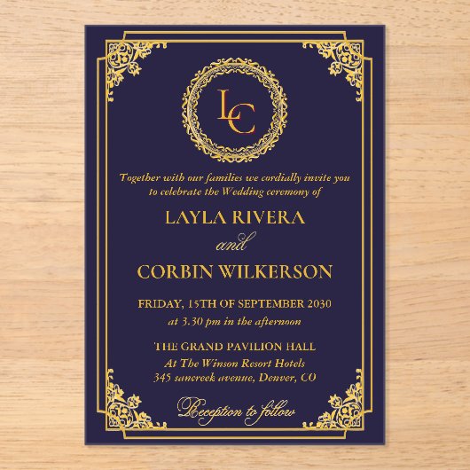 Invitations En Acrylique Classic Gold Frame Royal Monogram Wedding (Recto)