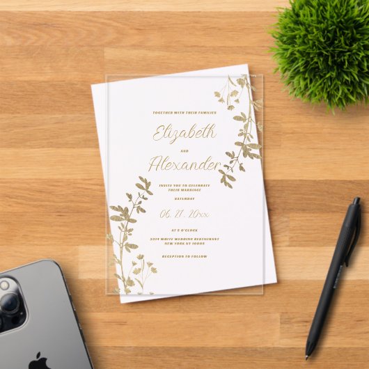 Invitations En Acrylique Classic simple elegant gold floral Wedding (Insitu (Carte d'invitation))