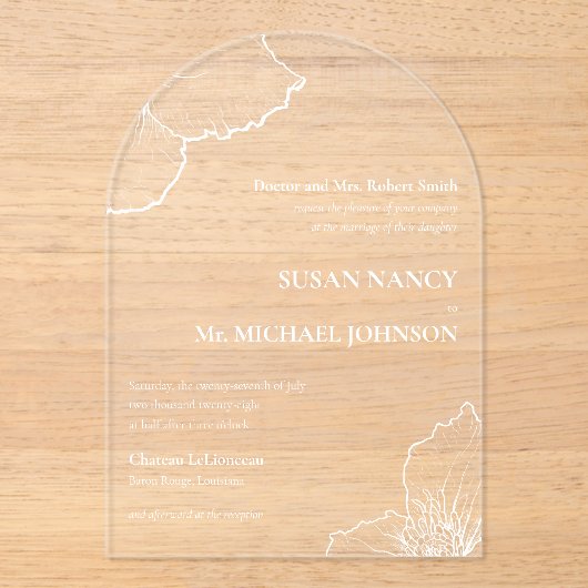 Invitations En Acrylique Classique Blanc Clematis Line Art Formel Mariage � (Recto)