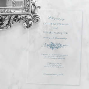 Invitations En Acrylique Classique Élégant Bleu Floral Gravé