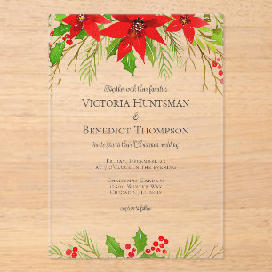 Invitations En Acrylique Classique Rouge Noël Poinsettia Floral Mariage