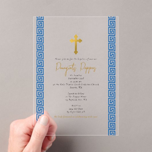 Invitations En Acrylique Clé grecque Bleue Baptême de bébé orthodoxe (In situ (ordinateur de poche))