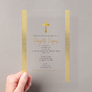 Invitations En Acrylique Clé grecque dorée Baptême orthodoxe de christening