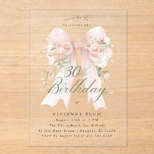 Invitations En Acrylique CLEAR ACRYLIC 30e Anniversaire Rose Florale Ruban