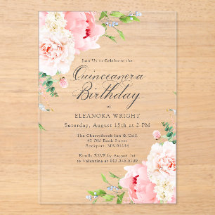 Invitations En Acrylique CLEAR ACRYLIC Quinceanera Rose Pivoine Florale