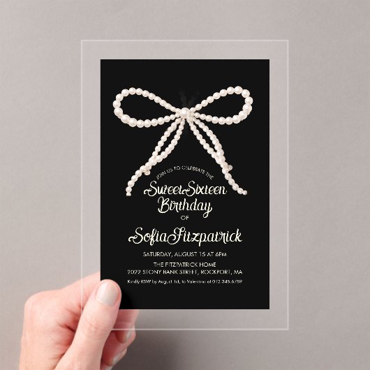 Invitations En Acrylique CLEAR ACRYLIC Sweet 16 Black White Pearl Bow (In situ (ordinateur de poche))