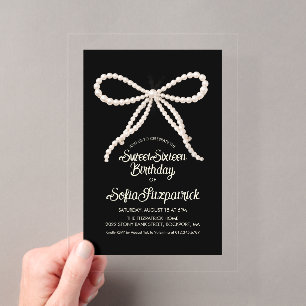 Invitations En Acrylique CLEAR ACRYLIC Sweet 16 Noir Blanc Nœud en Perle