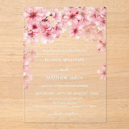 Invitations En Acrylique Clear Cherry Blossom Wedding (Recto)