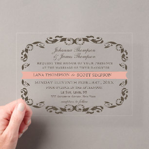 Invitations En Acrylique CLEAR Élégant Flourish Filigrane Mariage Blanc