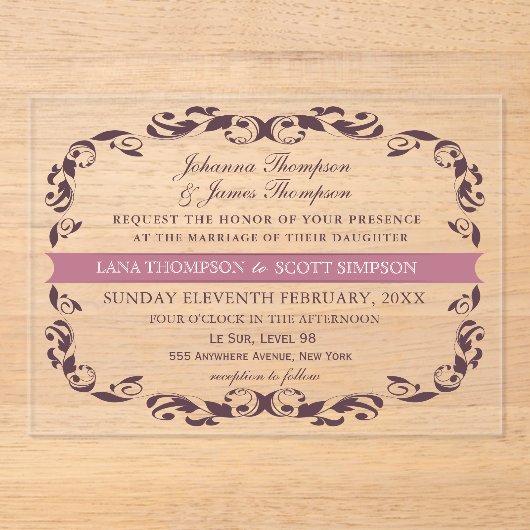 Invitations En Acrylique CLEAR Elegant Victorian Filigree White Wedding (Recto)