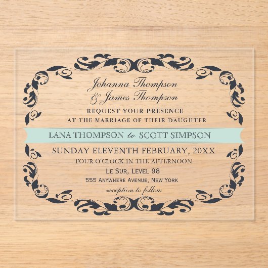 Invitations En Acrylique CLEAR Navy Elegant Victorian Filigree Wedding (Recto)