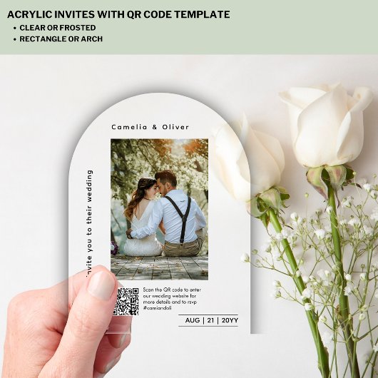 Invitations En Acrylique CLEAR PHOTO Mariage Enregistrer Date Moderne QR Co