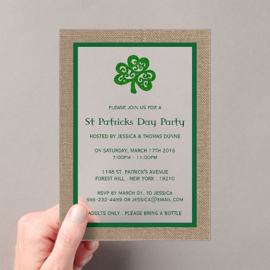 Invitations En Acrylique Clover vert & Burlap St. Patrick's Day (In situ (ordinateur de poche))