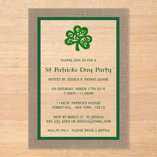 Invitations En Acrylique Clover vert & Burlap St. Patrick's Day (Recto)