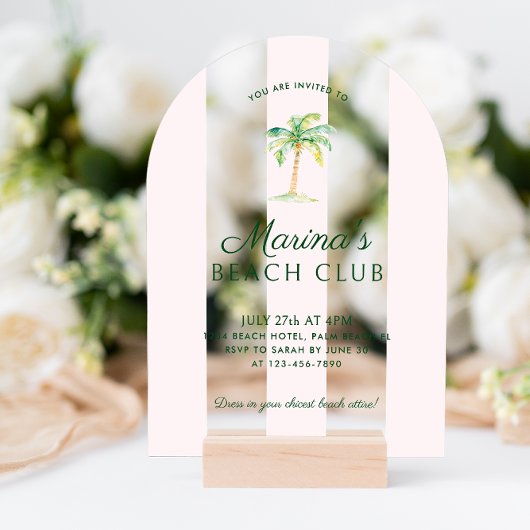 Invitations En Acrylique Club de plage Blush Pink Cabana Stripes Anniversai
