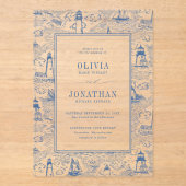 Invitations En Acrylique Coastal Toile Lighthouse Blue Wedding (Recto)