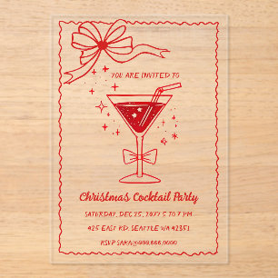 Invitations En Acrylique Cocktails de Noël Ruban Rose Rouge Dessiné à la Ma