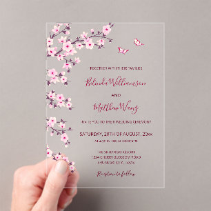 Invitations En Acrylique Code QR   Cerisiers en fleurs Mariage Rose Blanc