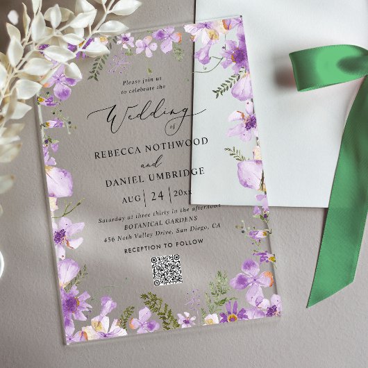Invitations En Acrylique Code QR Chic Élégant Mariage Violet