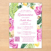 Invitations En Acrylique Code QR de photo florale à l'aquarelle Quinceañera (Recto)