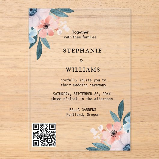 Invitations En Acrylique Code Qr élégant | Dusty Blue Floral Mariage (Recto)