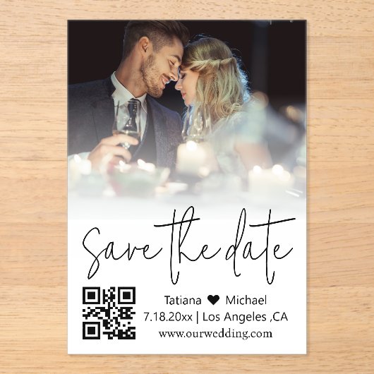 Invitations En Acrylique code qr élégant script tendance photo enregistrer  (Recto)