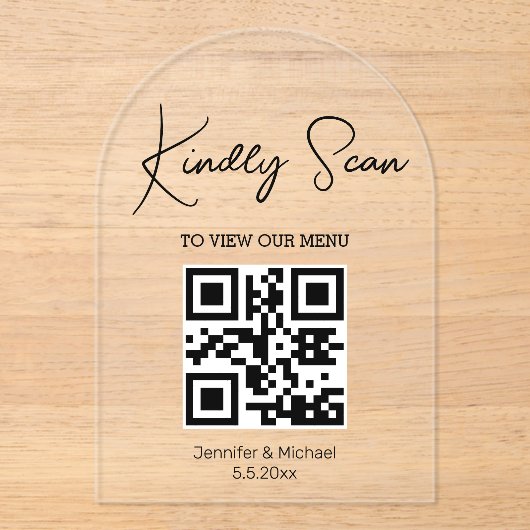 Invitations En Acrylique code qr minimal menu numérique mariage arche (Recto)
