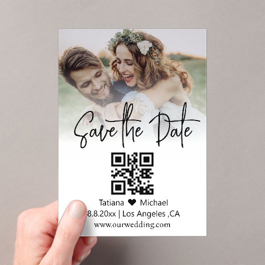 Invitations En Acrylique code qr minimal photo estompé enregistrer la date (In situ (ordinateur de poche))