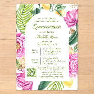Invitations En Acrylique Code QR photo florale aquarelle pour Quinceañera