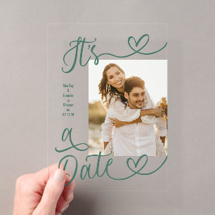 Invitations En Acrylique Cœur Vert Manuscrit C'est Une Date Photo Mariage