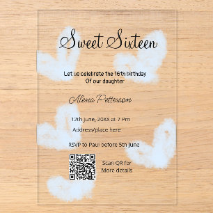 Invitations En Acrylique Cœurs aquarelle bleus QR Anniversaire sweet sixte