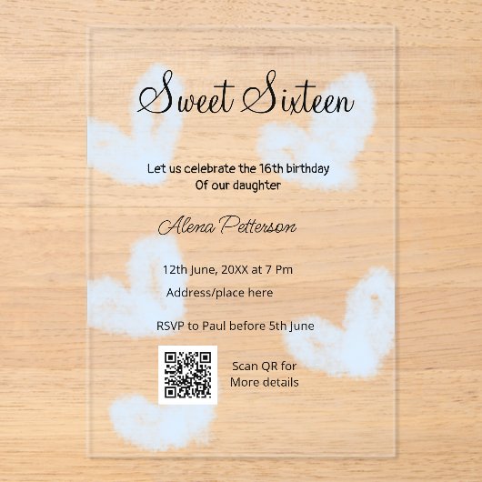 Invitations En Acrylique Coeurs d'aquarelle bleu QR Sweet sixteen anniversa (Recto)