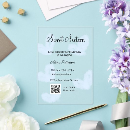 Invitations En Acrylique Coeurs d'aquarelle bleu QR Sweet sixteen anniversa (Insitu (Mariage))