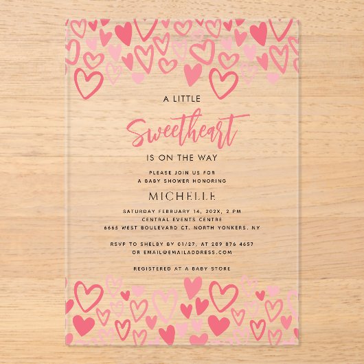 Invitations En Acrylique Coeurs roses Baby shower amoureux fille (Recto)