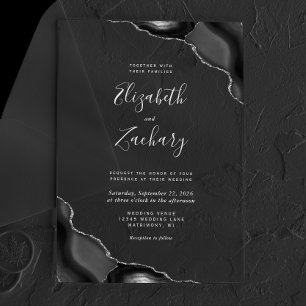 Invitations En Acrylique Coins de l'Agate Noire Text Argent Mariage