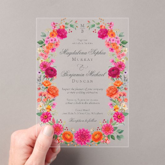 Invitations En Acrylique Colorful Bold Pink & Orange Floral Garden Wedding (In situ (ordinateur de poche))