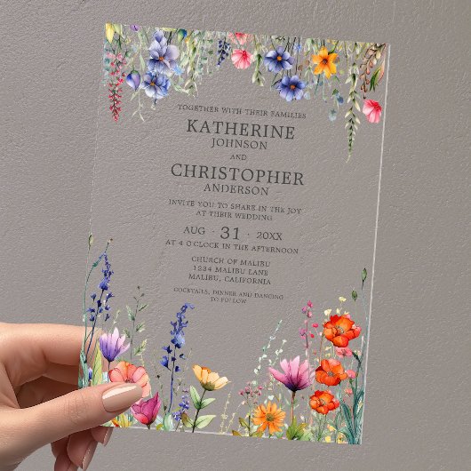 Invitations En Acrylique Colorful Wildflowers Elegant Wedding Clear